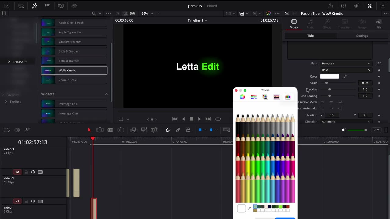 A Letta Edit preset being applied in DaVinci Resolve